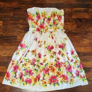 After Six Sample Satin Strapless Floral Dress with Pink and Yellow Blooms